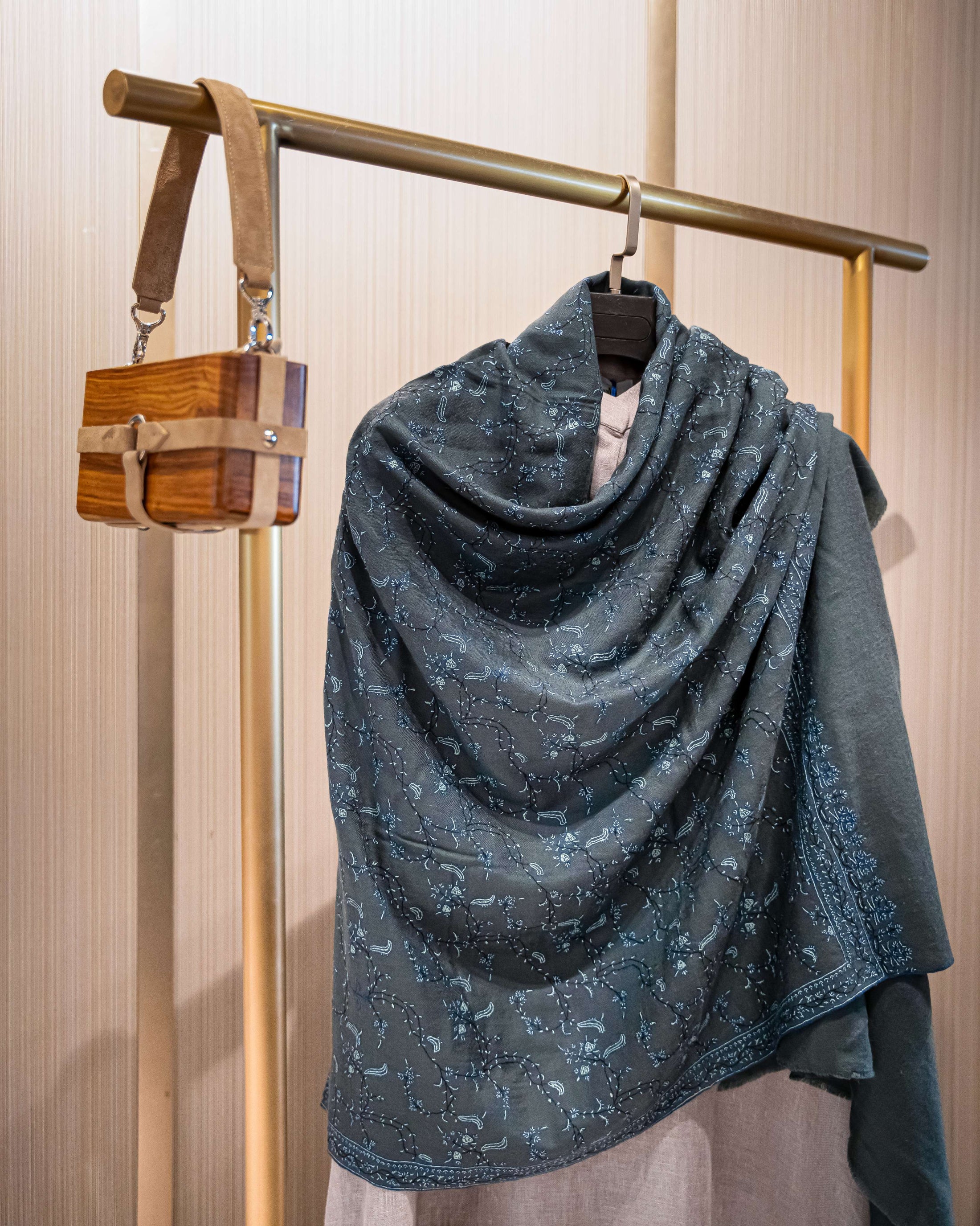 Pashmina Jaal Allover Dark Grey with White Embroidery