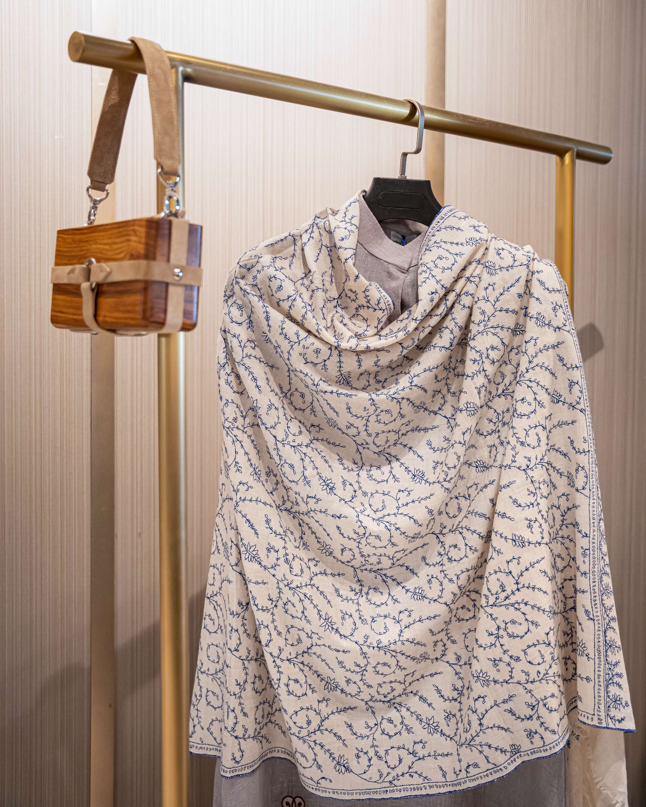 Pashmina Jaal Allover Beige with Blue Embroidery