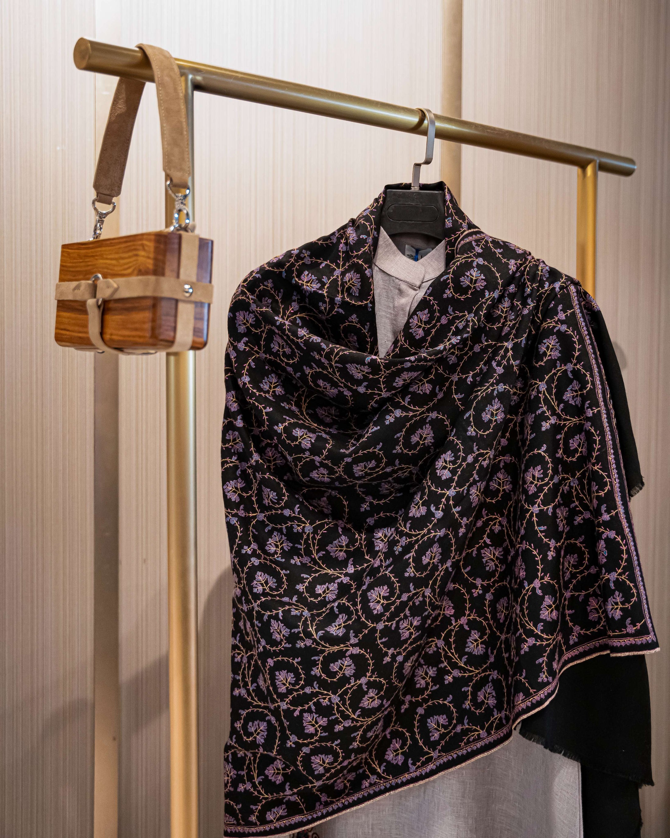 Pashmina Jaal Allover Black with Blue Embroidery