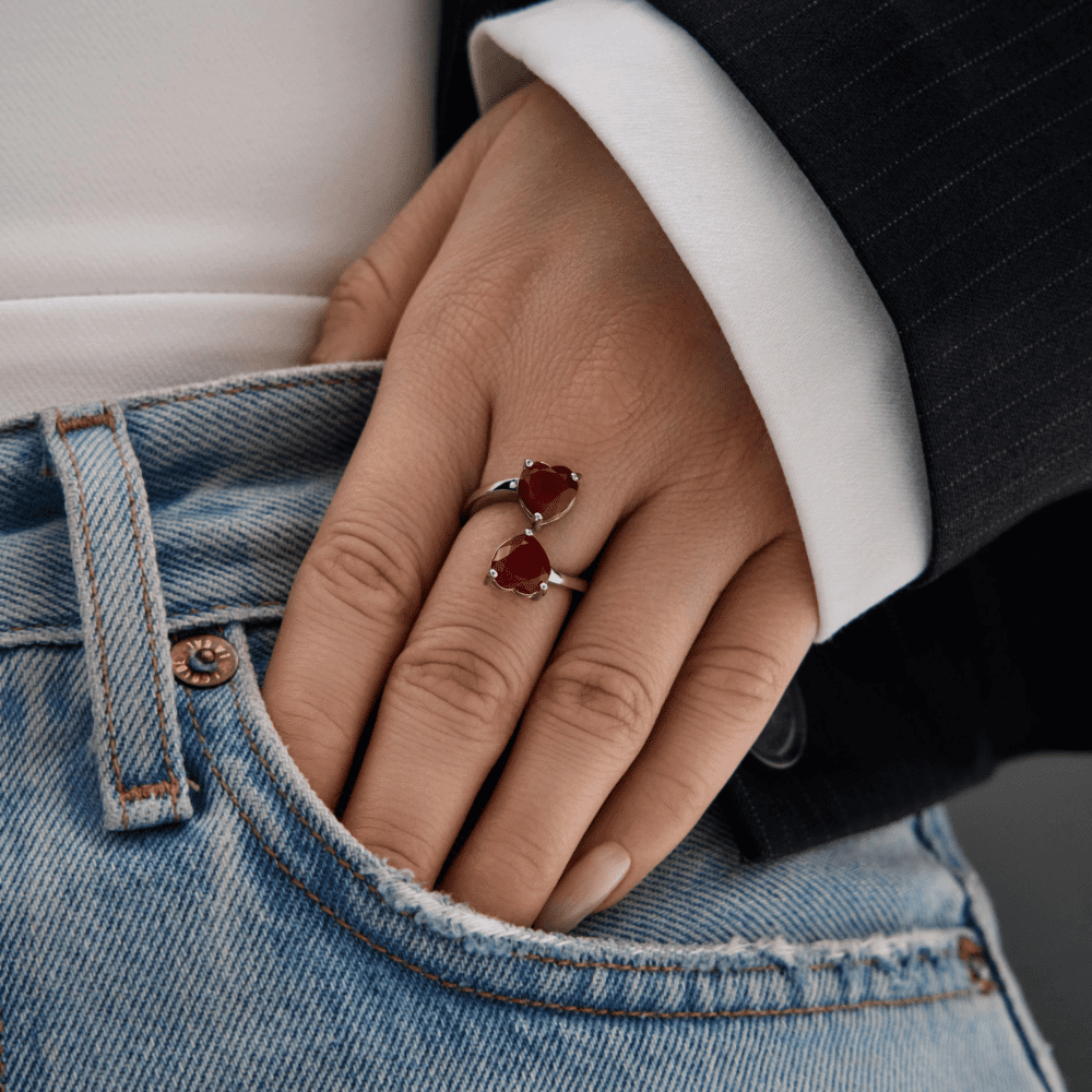LINDEZA Carnelian sterling silver adjustable heart ring