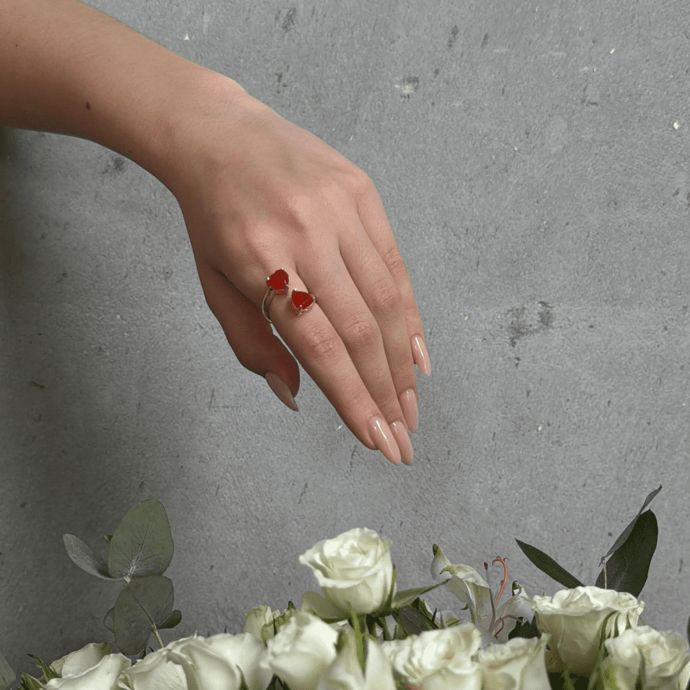LINDEZA Carnelian sterling silver and 14K gold plating adjustable heart ring