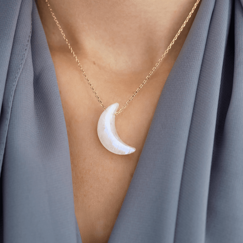 LINDEZA Moonstone moon shaped necklace made of sterling silver and 14K gold plating