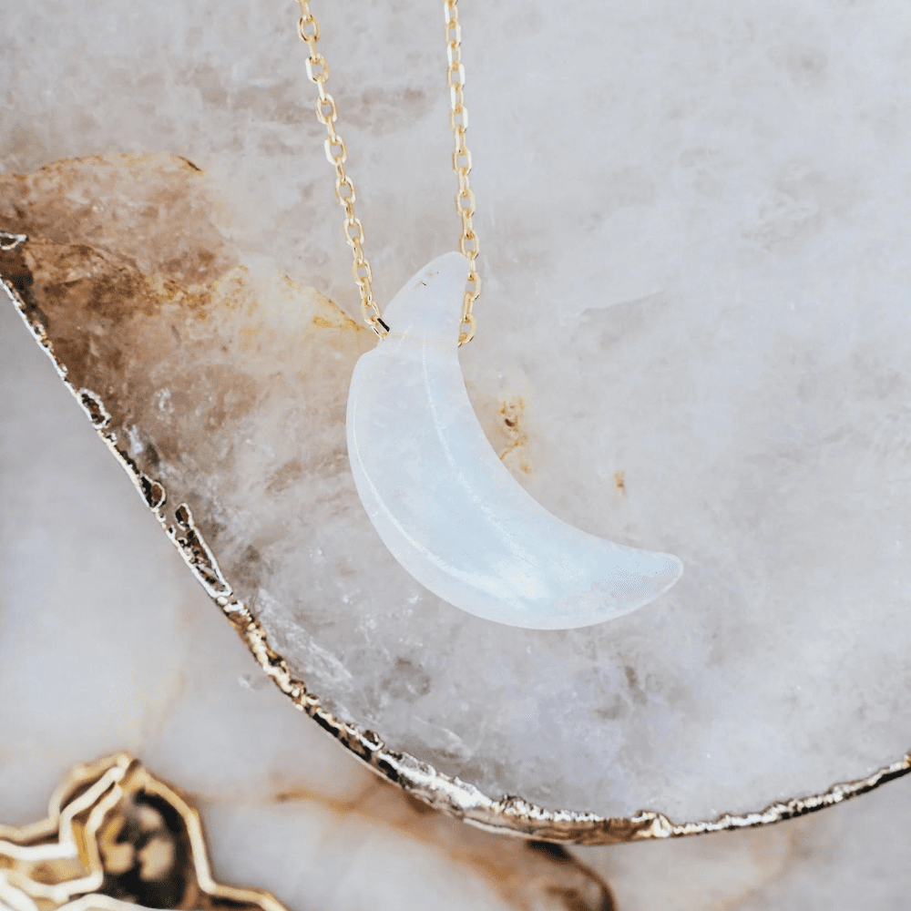 LINDEZA Moonstone moon shaped necklace made of sterling silver and 14K gold plating