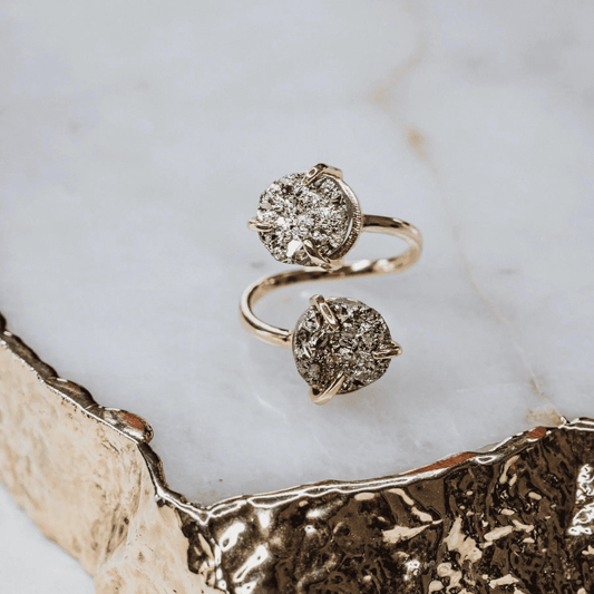 LINDEZA Sterling silver and 14K gold plated pyrite adjustable size ring