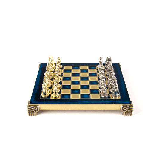 MANOPOULOS Byzantine Metal Chess Set with Gold & Silver Chessmen & 20cm Chessboard in BLUE