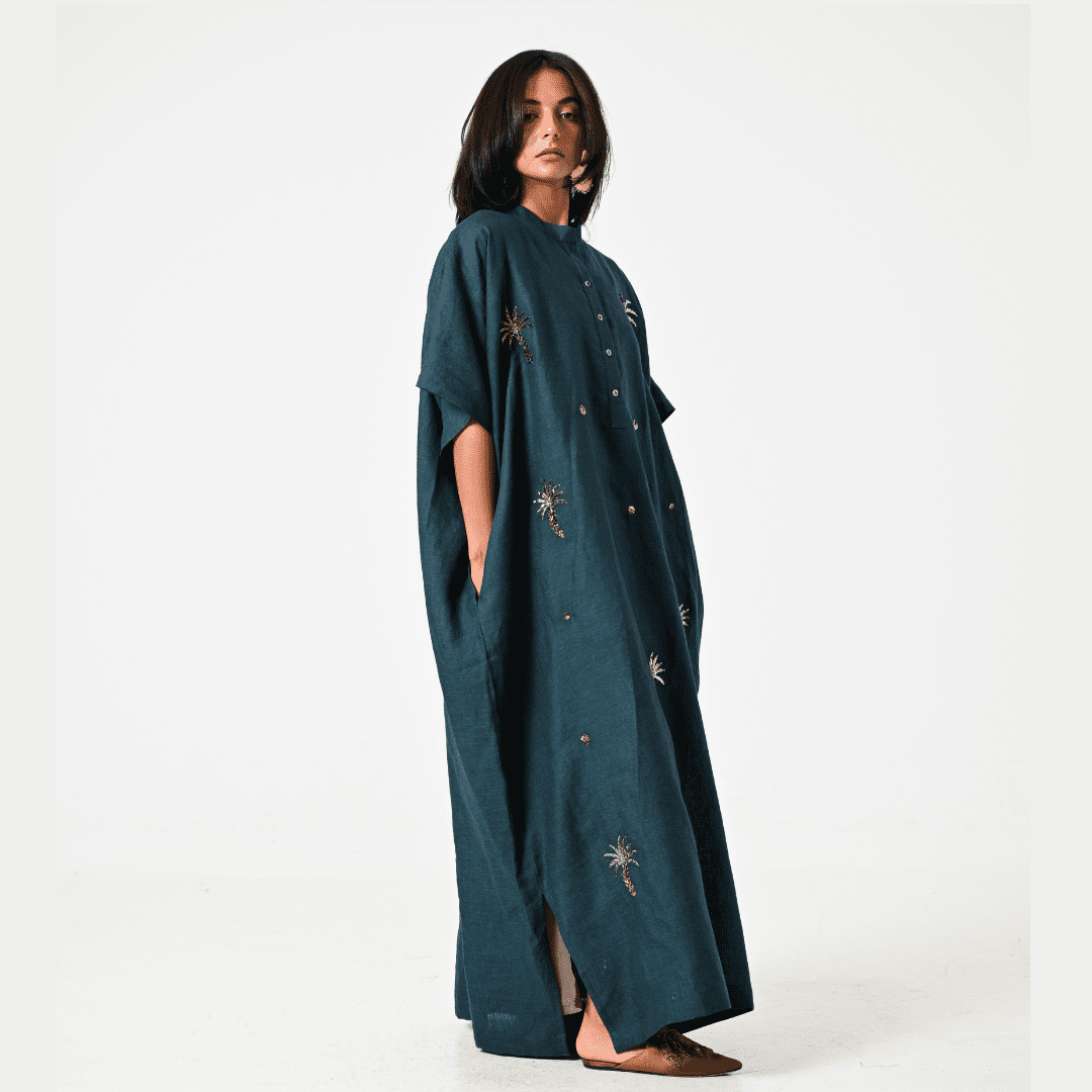 SARA INTABI Green Linen Dress | Free Size 56