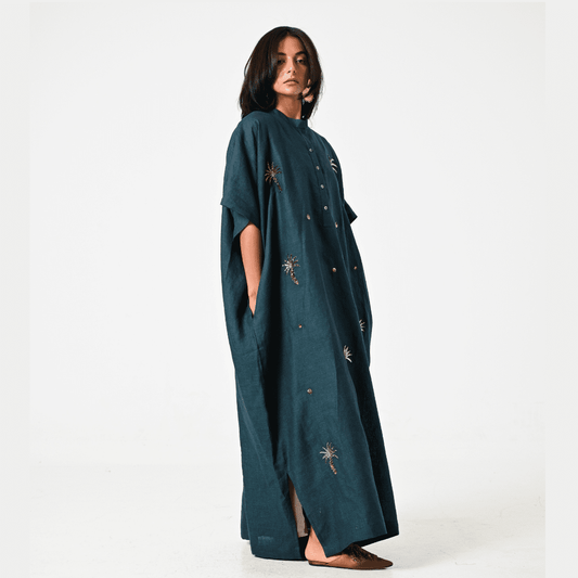 SARA INTABI Green Linen Dress | Free Size 56