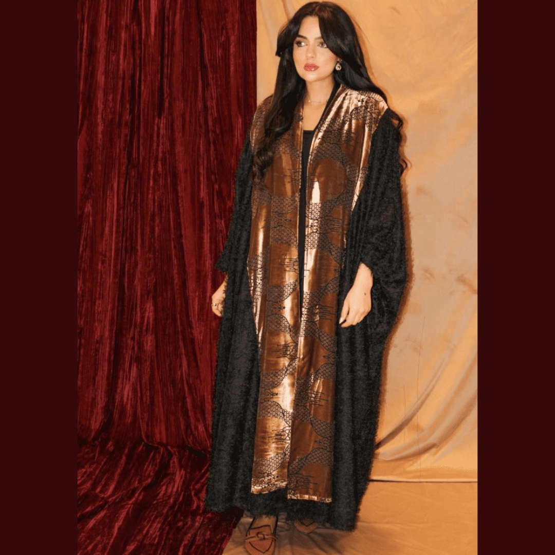 ALWAFRAH Black and Gold Winter Abaya